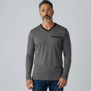 GUESS Mens Long Sleeve V Neck Heathered Gray T-Shirt with Zipper Pocket Size XL
